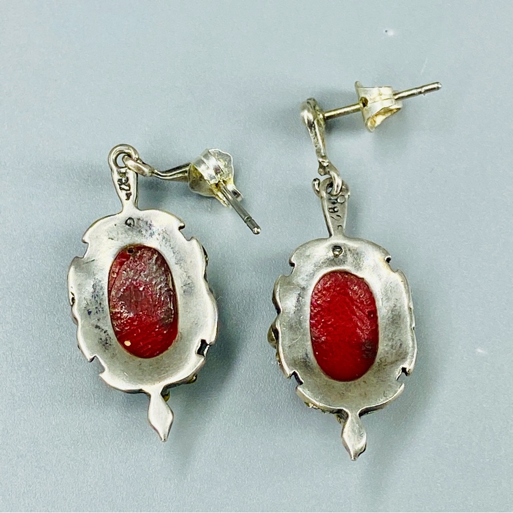 Vintage Sterling Silver Coral Red Cabochon & Marcasite Stones Earrings 1980s - Picture 6 of 16